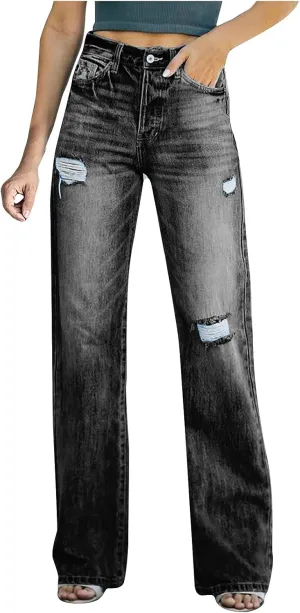 tuduoms Women's Loose Boyfriend Jeans Stretchy Ripped Distressed Denim Pants High Waisted Wide Leg Straight Jeans Trousers