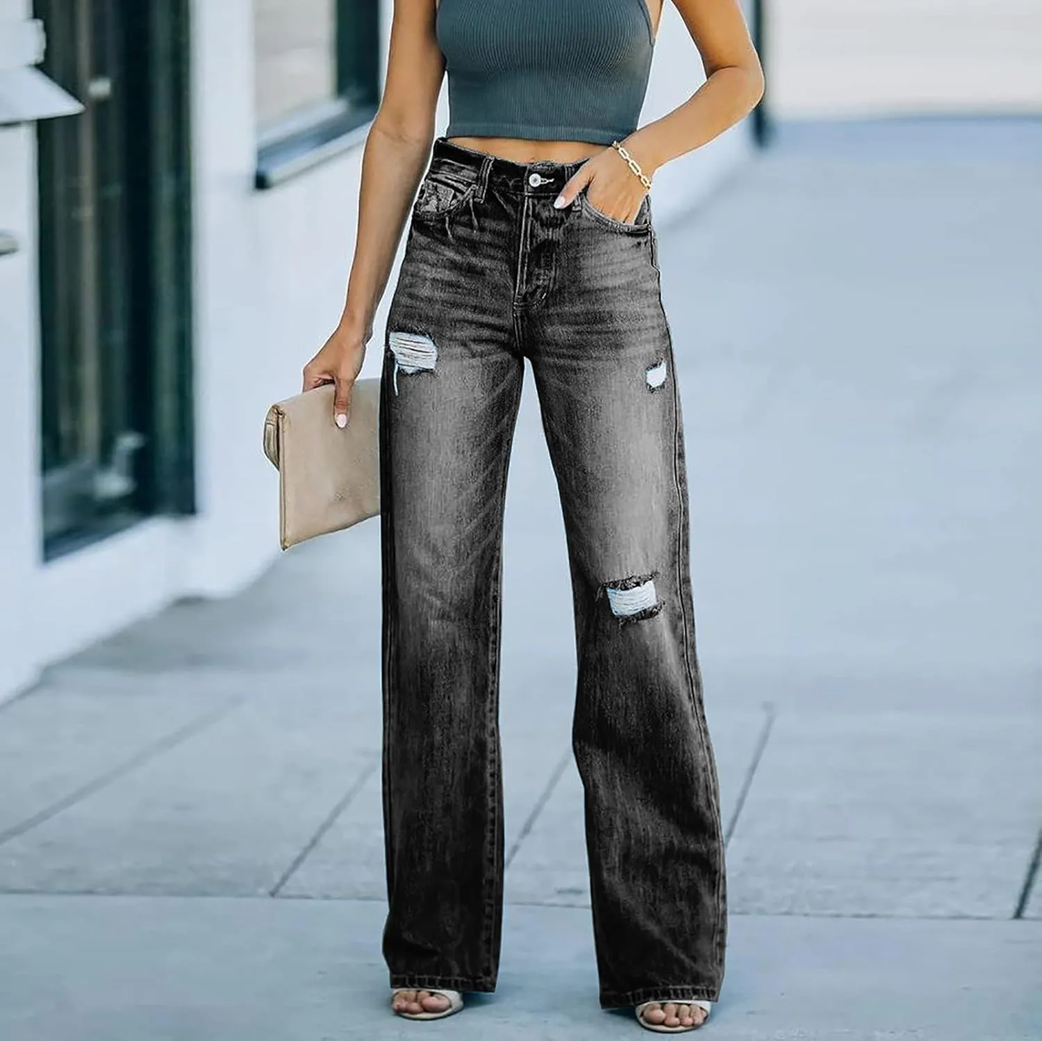 tuduoms Women's Loose Boyfriend Jeans Stretchy Ripped Distressed Denim Pants High Waisted Wide Leg Straight Jeans Trousers