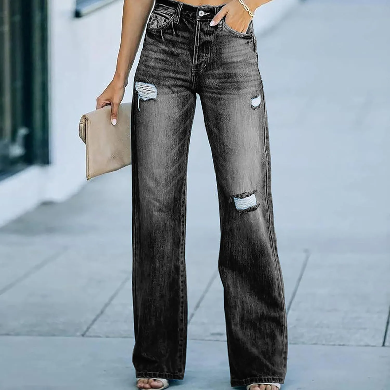 tuduoms Women's Loose Boyfriend Jeans Stretchy Ripped Distressed Denim Pants High Waisted Wide Leg Straight Jeans Trousers