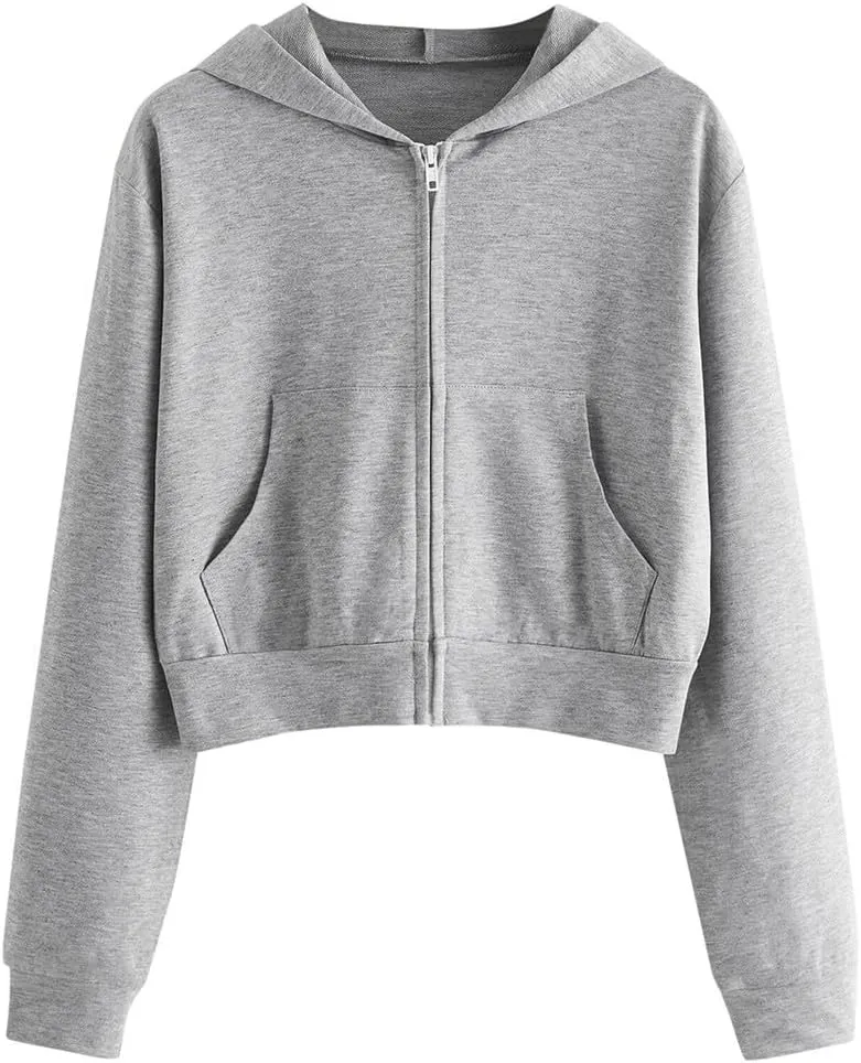 Vickyleb Womens Hooded Sweatshirts Solid Color Long Sleeve Fall Fashion Lightweight Zip Up Crop Hoodies for Women
