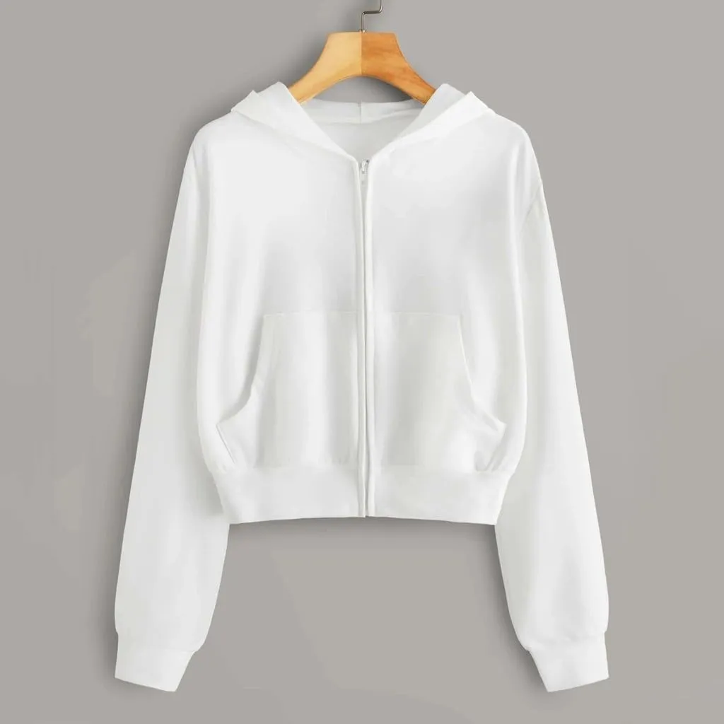 Vickyleb Womens Hooded Sweatshirts Solid Color Long Sleeve Fall Fashion Lightweight Zip Up Crop Hoodies for Women