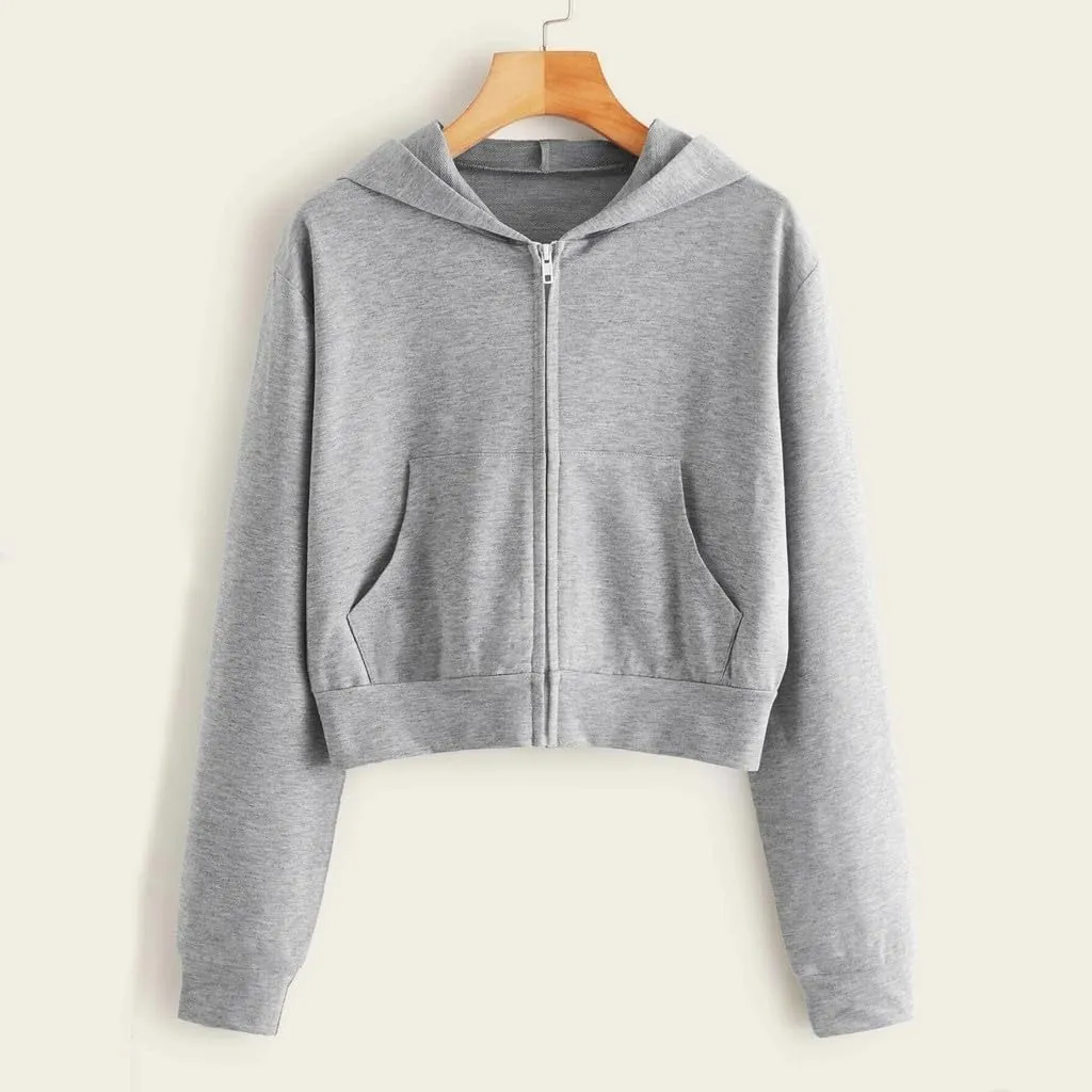 Vickyleb Womens Hooded Sweatshirts Solid Color Long Sleeve Fall Fashion Lightweight Zip Up Crop Hoodies for Women