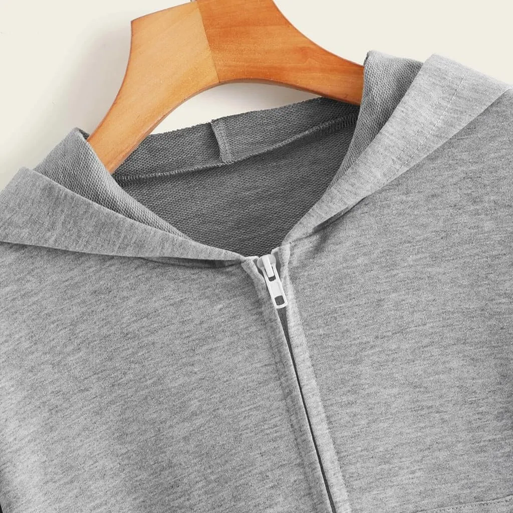Vickyleb Womens Hooded Sweatshirts Solid Color Long Sleeve Fall Fashion Lightweight Zip Up Crop Hoodies for Women