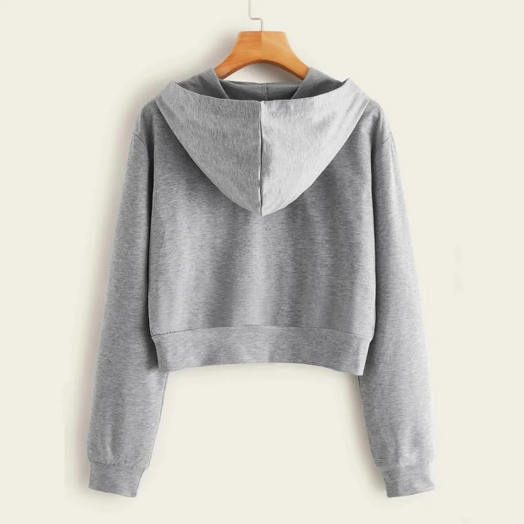 Vickyleb Womens Hooded Sweatshirts Solid Color Long Sleeve Fall Fashion Lightweight Zip Up Crop Hoodies for Women