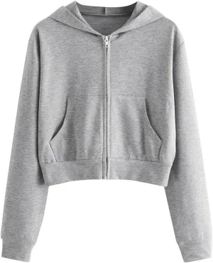 Vickyleb Womens Hooded Sweatshirts Solid Color Long Sleeve Fall Fashion Lightweight Zip Up Crop Hoodies for Women