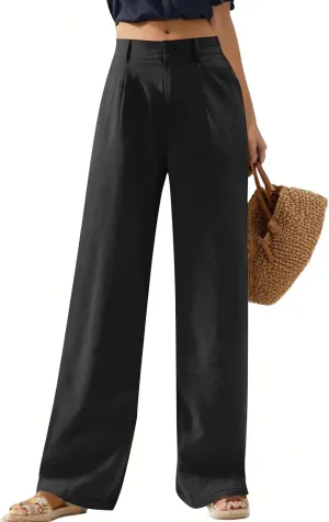 Wide Leg Linen Pants for Women Dressy Pleated Business Casual Work Pants High Waisted Dress Pants Slacks with Pockets