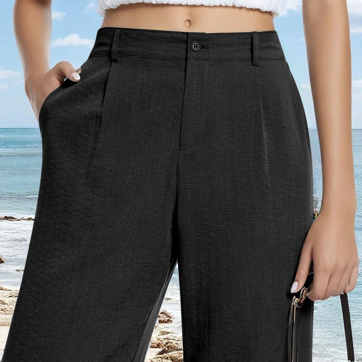 Wide Leg Linen Pants for Women Dressy Pleated Business Casual Work Pants High Waisted Dress Pants Slacks with Pockets