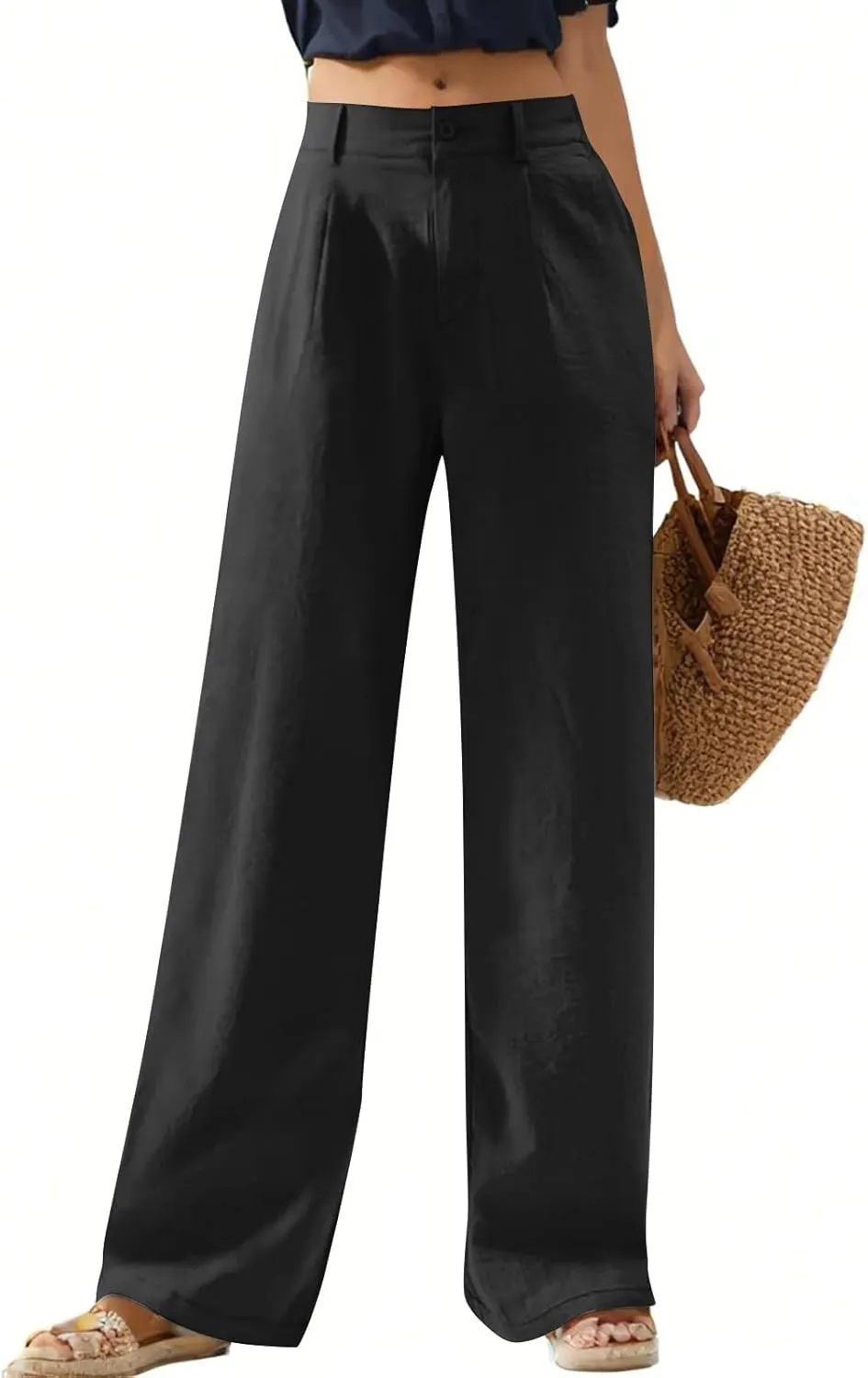 Wide Leg Linen Pants for Women Dressy Pleated Business Casual Work Pants High Waisted Dress Pants Slacks with Pockets