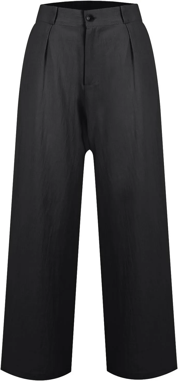 Wide Leg Linen Pants for Women Dressy Pleated Business Casual Work Pants High Waisted Dress Pants Slacks with Pockets