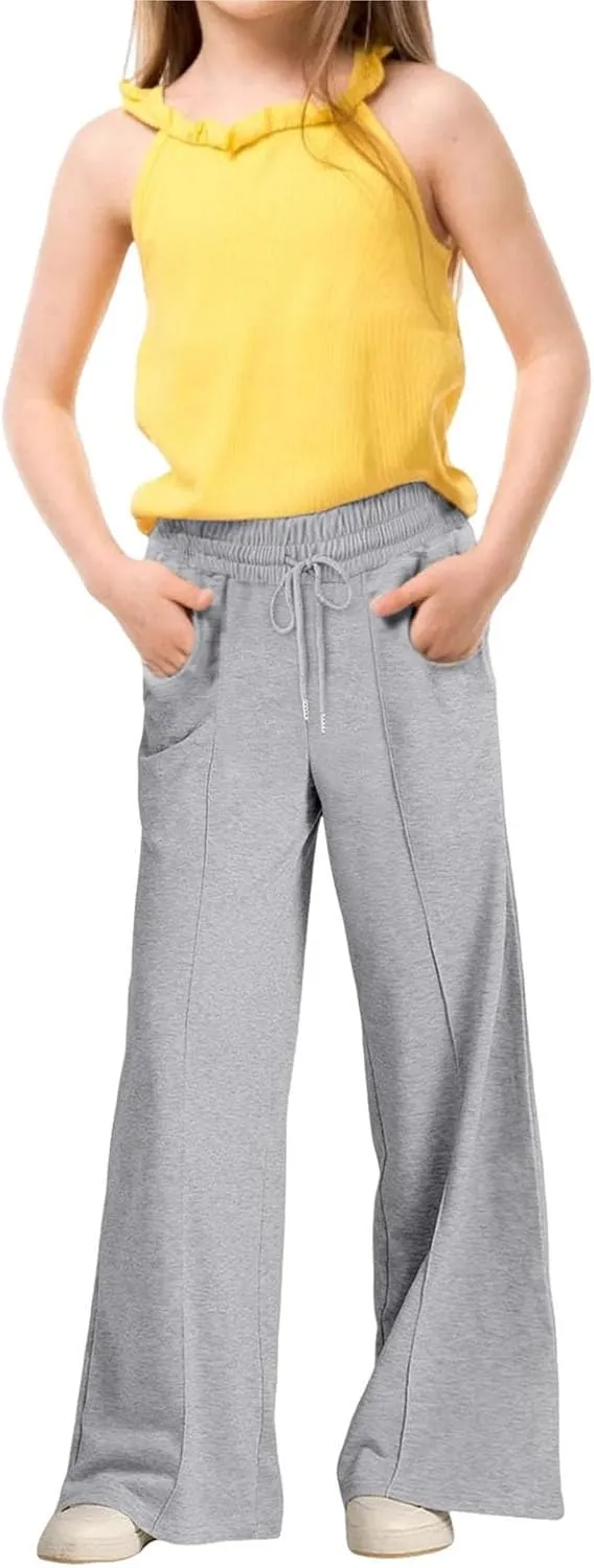 Wide Leg Sweatpants for Kids Girls Elastic Drawstring Baggy Straight Leg Comfy Plain Joggers Trousers with Pockets