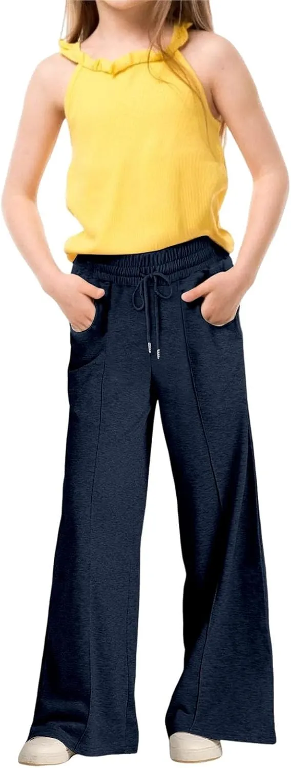 Wide Leg Sweatpants for Kids Girls Elastic Drawstring Baggy Straight Leg Comfy Plain Joggers Trousers with Pockets