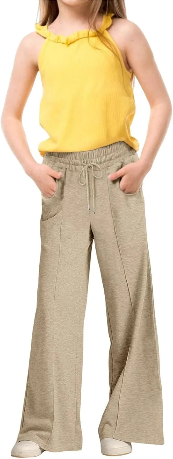 Wide Leg Sweatpants for Kids Girls Elastic Drawstring Baggy Straight Leg Comfy Plain Joggers Trousers with Pockets