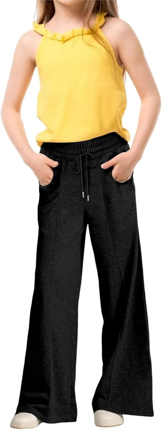 Wide Leg Sweatpants for Kids Girls Elastic Drawstring Baggy Straight Leg Comfy Plain Joggers Trousers with Pockets