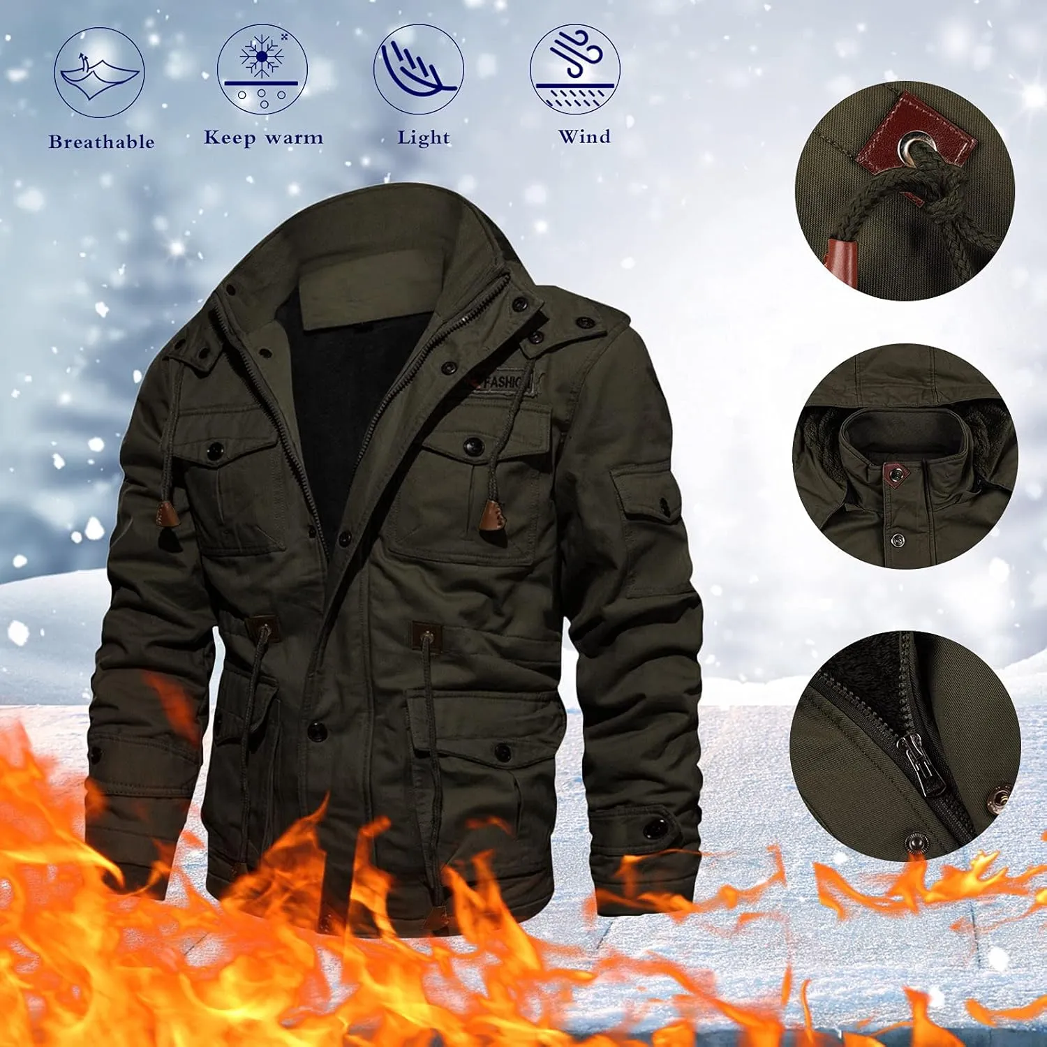 Winter Coats for Men Mens Winter Coats Men's Jacket Casual Fleeced Windproof Bomber Jacket Full Zip Windbreaker Jacket