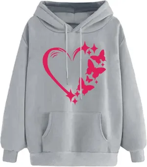 Women Butterfly Graphic Print Sweatshirts Long Sleeve Hoodie Fleece Drawstring Pullover Top Fall Outfits Clothes