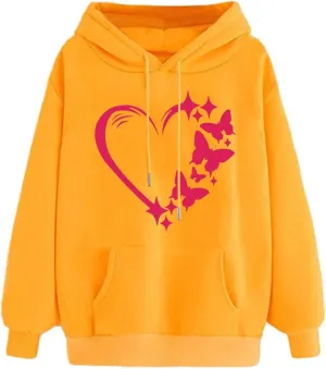 Women Butterfly Graphic Print Sweatshirts Long Sleeve Hoodie Fleece Drawstring Pullover Top Fall Outfits Clothes
