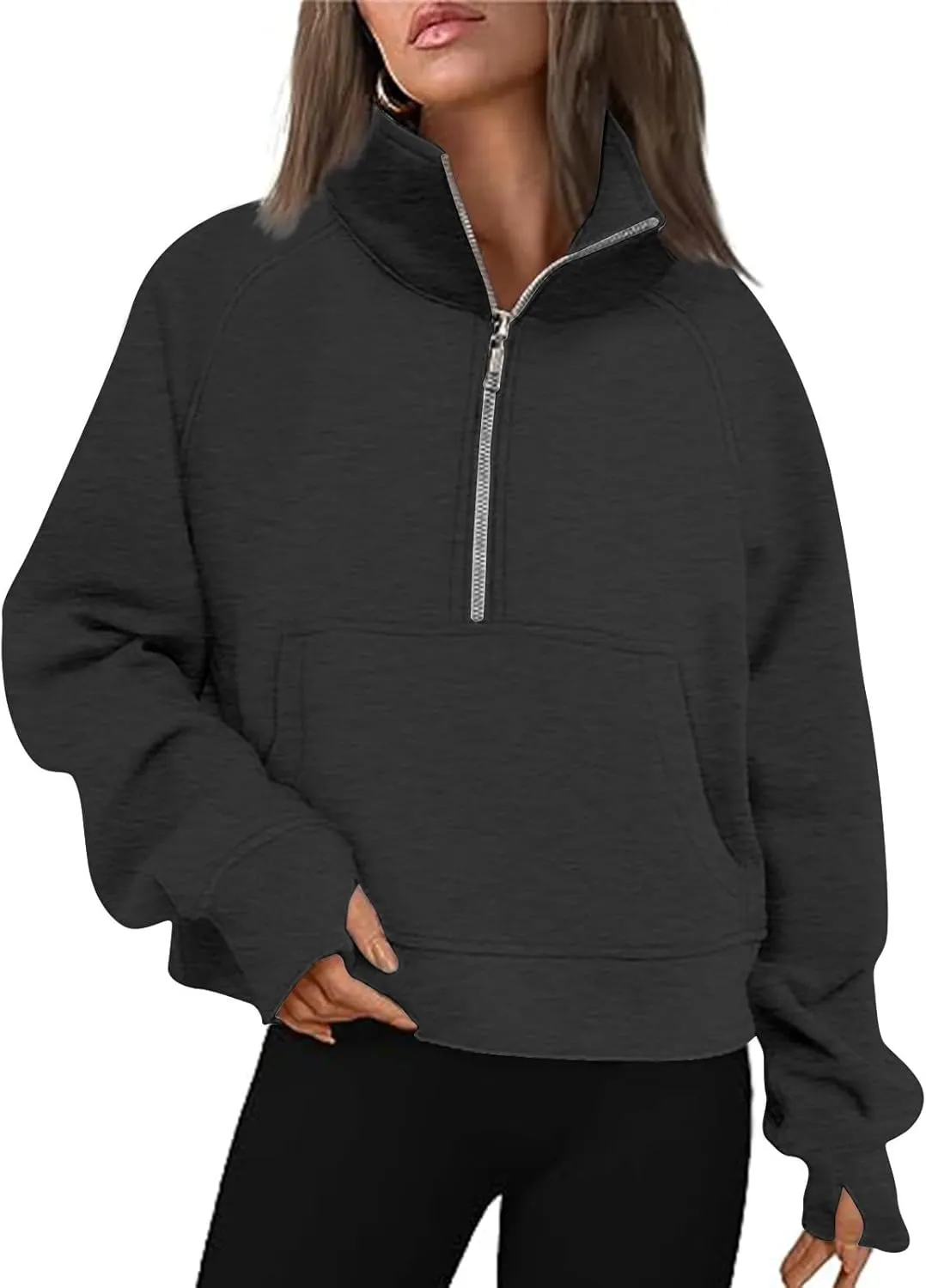 Women Half Zip Hooded Sweatshirt Thumb Hole Hoodie Pullover with Kangaroo Pocket Raglan Sleeve Quarter Zipper Hoodie