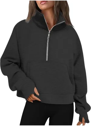 Women Half Zip Hooded Sweatshirt Thumb Hole Hoodie Pullover with Kangaroo Pocket Raglan Sleeve Quarter Zipper Hoodie