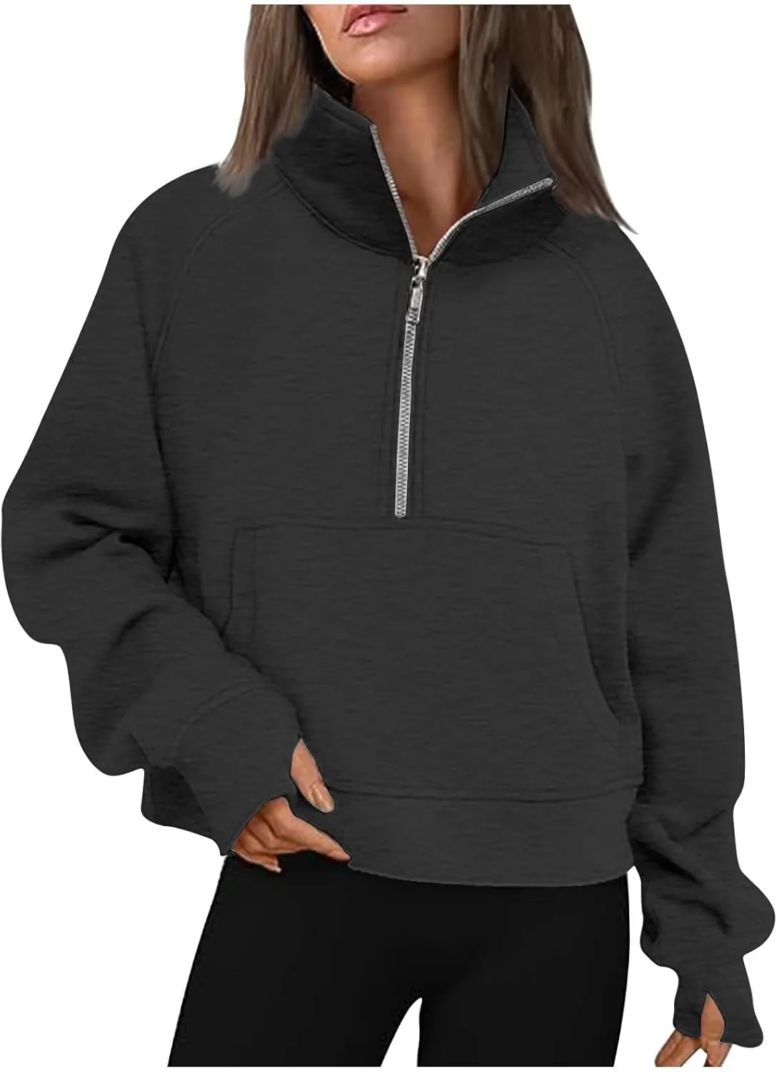 Women Half Zip Hooded Sweatshirt Thumb Hole Hoodie Pullover with Kangaroo Pocket Raglan Sleeve Quarter Zipper Hoodie