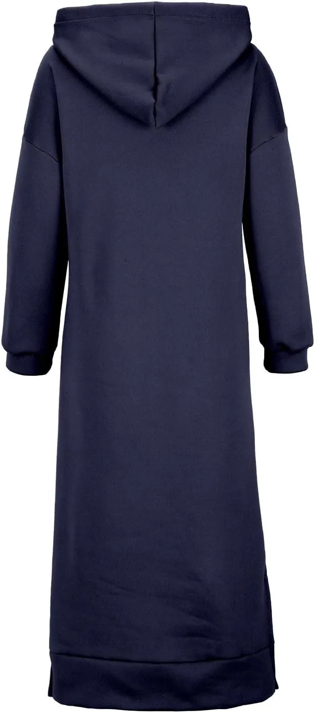 Women Hooded Maxi Dress Casual Loose Sweatshirt Long Dress Winter Fall Drawstring Slit Hoodie Dresses with Pocket