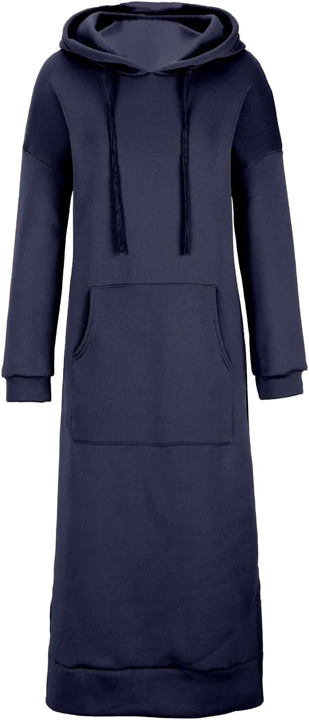Women Hooded Maxi Dress Casual Loose Sweatshirt Long Dress Winter Fall Drawstring Slit Hoodie Dresses with Pocket