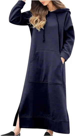 Women Hooded Maxi Dress Casual Loose Sweatshirt Long Dress Winter Fall Drawstring Slit Hoodie Dresses with Pocket