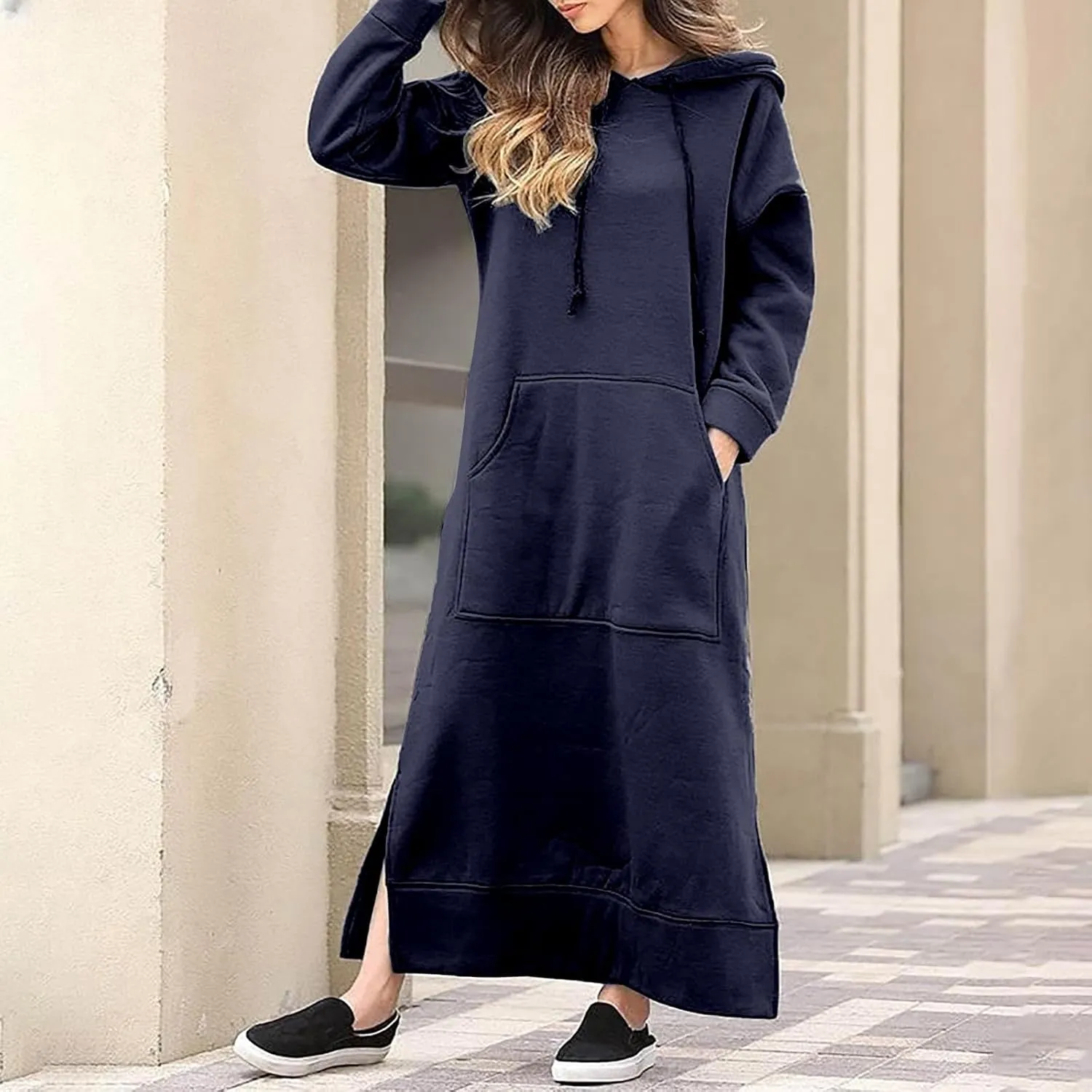 Women Hooded Maxi Dress Casual Loose Sweatshirt Long Dress Winter Fall Drawstring Slit Hoodie Dresses with Pocket