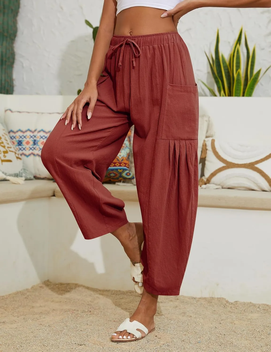 Women Linen Pants Wide Leg Boho Pants Loose Lightweigt Beach Palazzo Harem Pants with Pockets