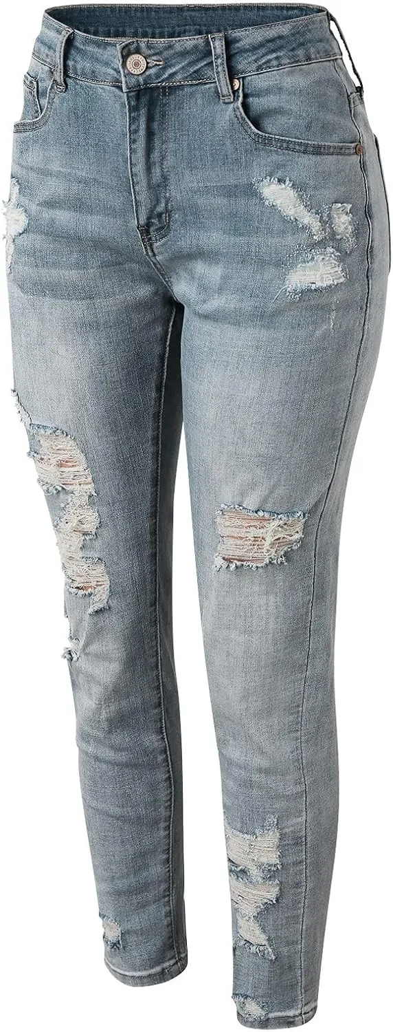 Women Skinny Ankle Length Denim Pants Distressed Ribbed Slim Shaping High Waisted Jeans Mid Rise Curvy Washed Stretch Pants