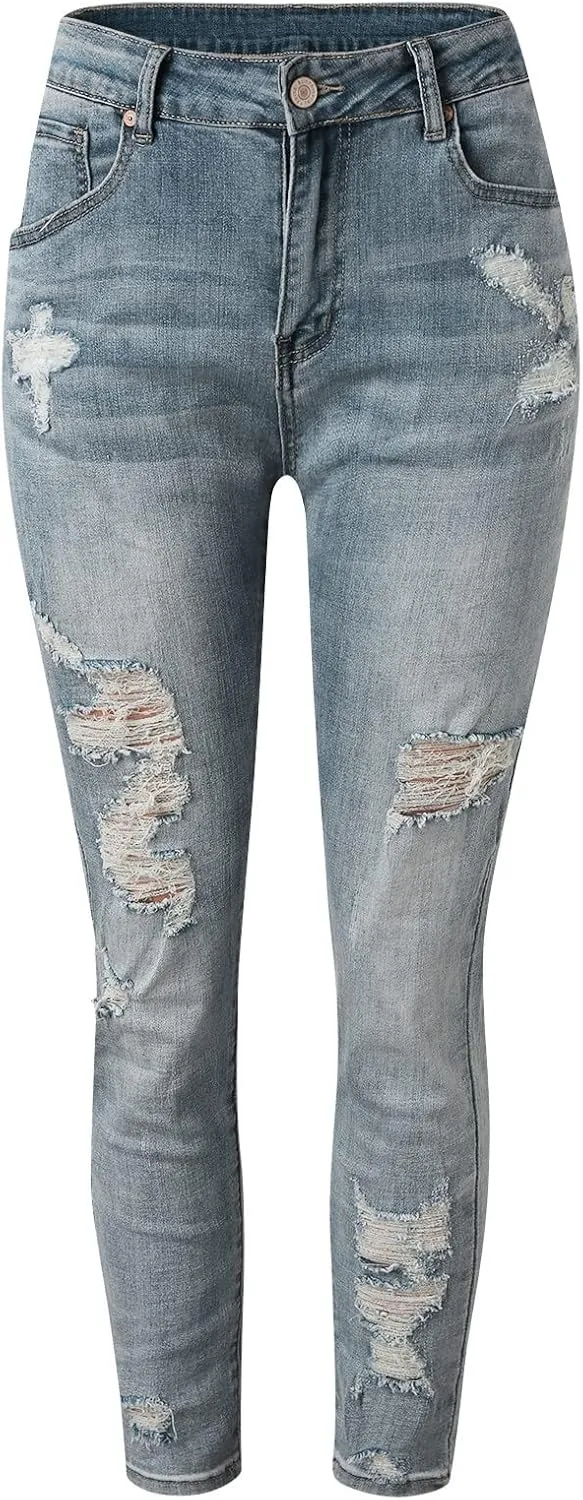 Women Skinny Ankle Length Denim Pants Distressed Ribbed Slim Shaping High Waisted Jeans Mid Rise Curvy Washed Stretch Pants