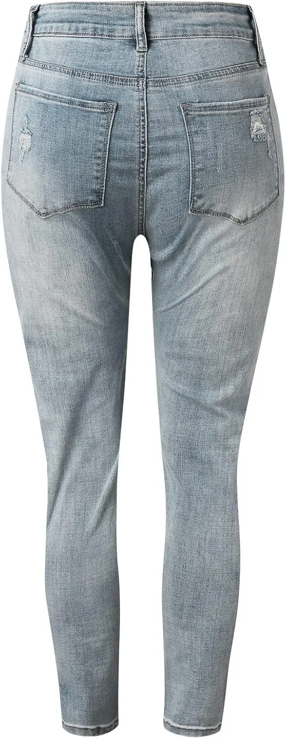 Women Skinny Ankle Length Denim Pants Distressed Ribbed Slim Shaping High Waisted Jeans Mid Rise Curvy Washed Stretch Pants