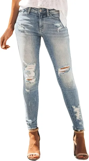 Women Skinny Ankle Length Denim Pants Distressed Ribbed Slim Shaping High Waisted Jeans Mid Rise Curvy Washed Stretch Pants
