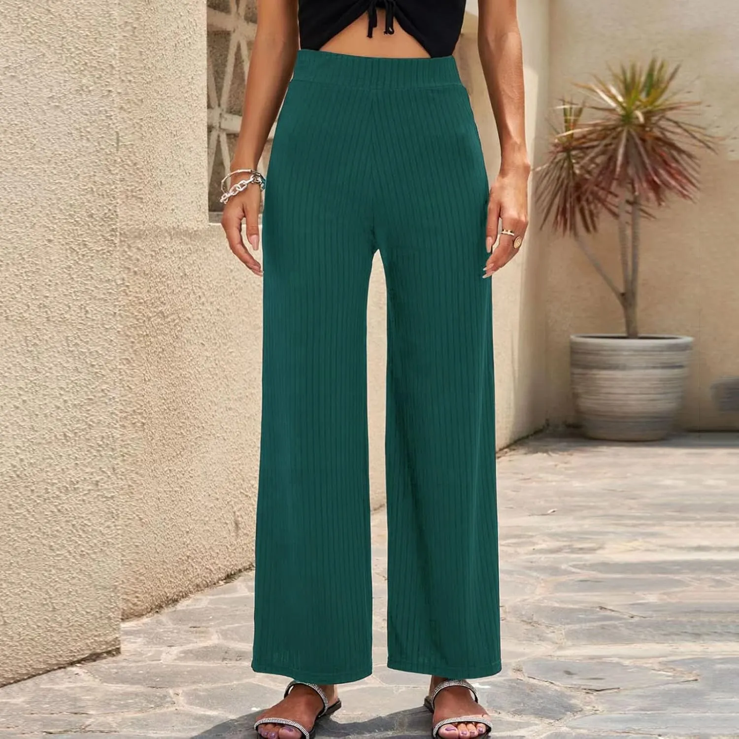 Women Soft Boho Pants Palazzo Solid Pull On Rib Knit Wide Leg Straight Sweat Pants Summer Beach Lounge Bottoms Ankle Trousers