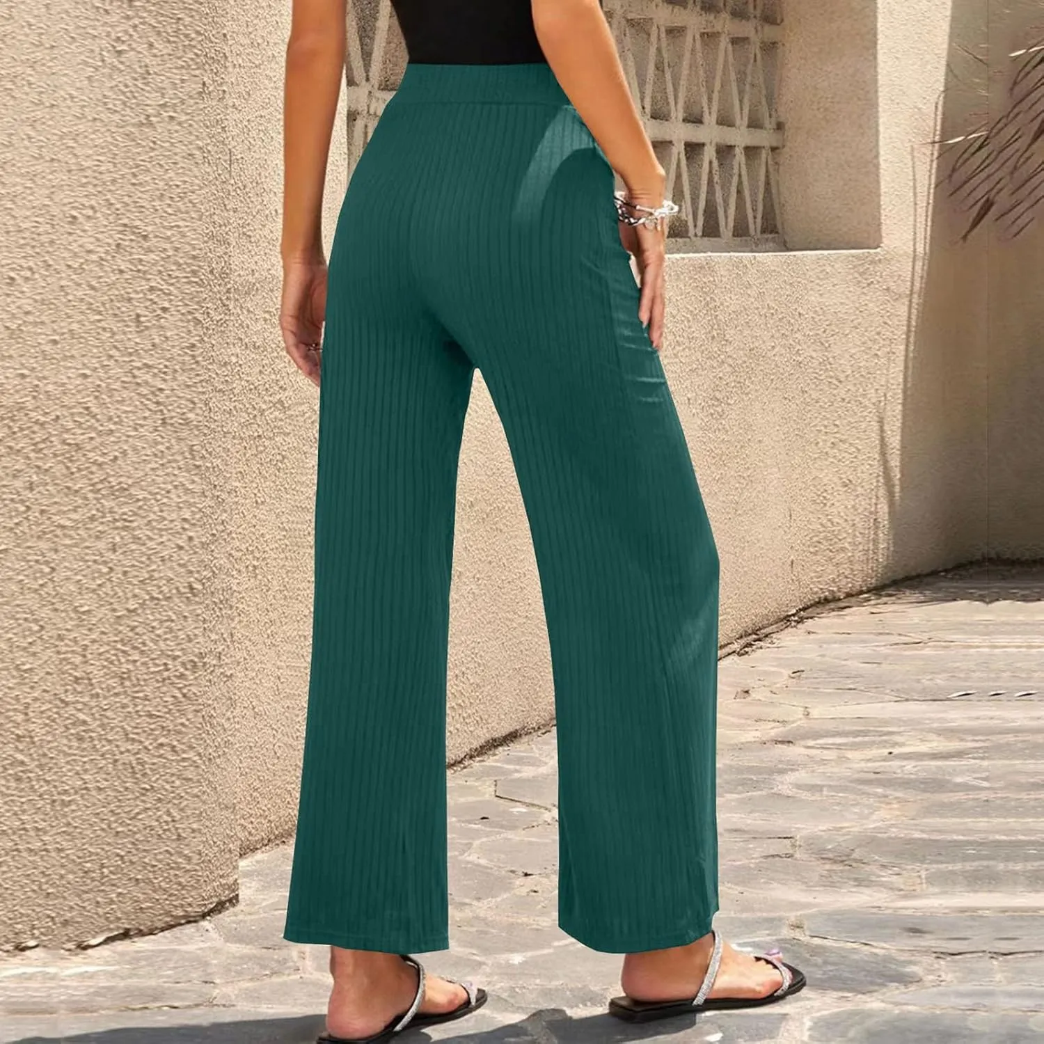 Women Soft Boho Pants Palazzo Solid Pull On Rib Knit Wide Leg Straight Sweat Pants Summer Beach Lounge Bottoms Ankle Trousers