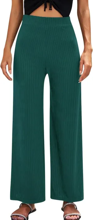 Women Soft Boho Pants Palazzo Solid Pull On Rib Knit Wide Leg Straight Sweat Pants Summer Beach Lounge Bottoms Ankle Trousers