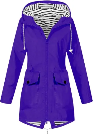 Women Solid Rain Jacket Outdoor Hooded Windproof Coat Fall Winter Casual Coats Plus Size Zip Up Hoodie Outwear