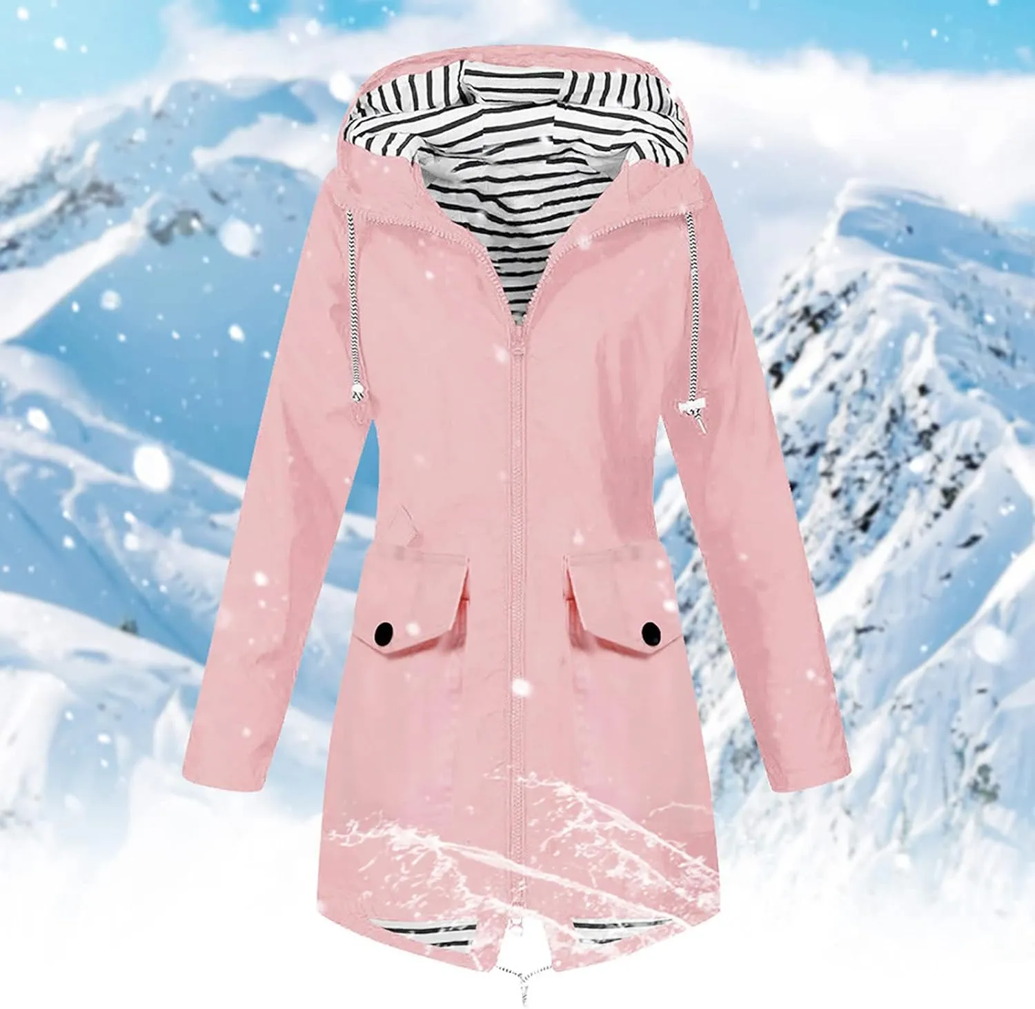 Women Solid Rain Jacket Outdoor Hooded Windproof Coat Fall Winter Casual Coats Plus Size Zip Up Hoodie Outwear