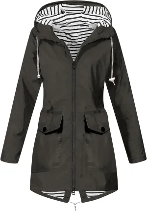 Women Solid Rain Jacket Outdoor Hooded Windproof Coat Fall Winter Casual Coats Plus Size Zip Up Hoodie Outwear