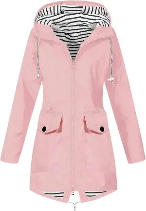 Women Solid Rain Jacket Outdoor Hooded Windproof Coat Fall Winter Casual Coats Plus Size Zip Up Hoodie Outwear