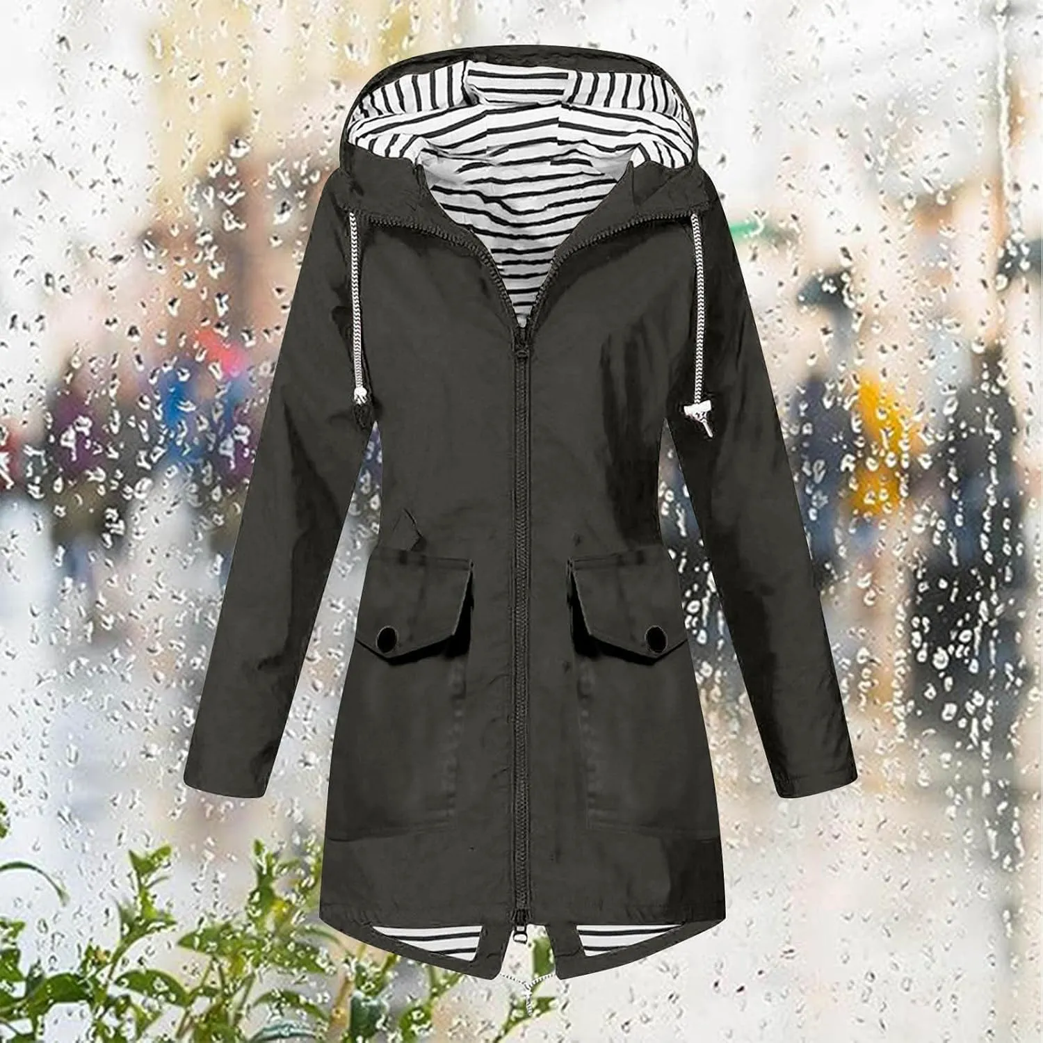 Women Solid Rain Jacket Outdoor Hooded Windproof Coat Fall Winter Casual Coats Plus Size Zip Up Hoodie Outwear