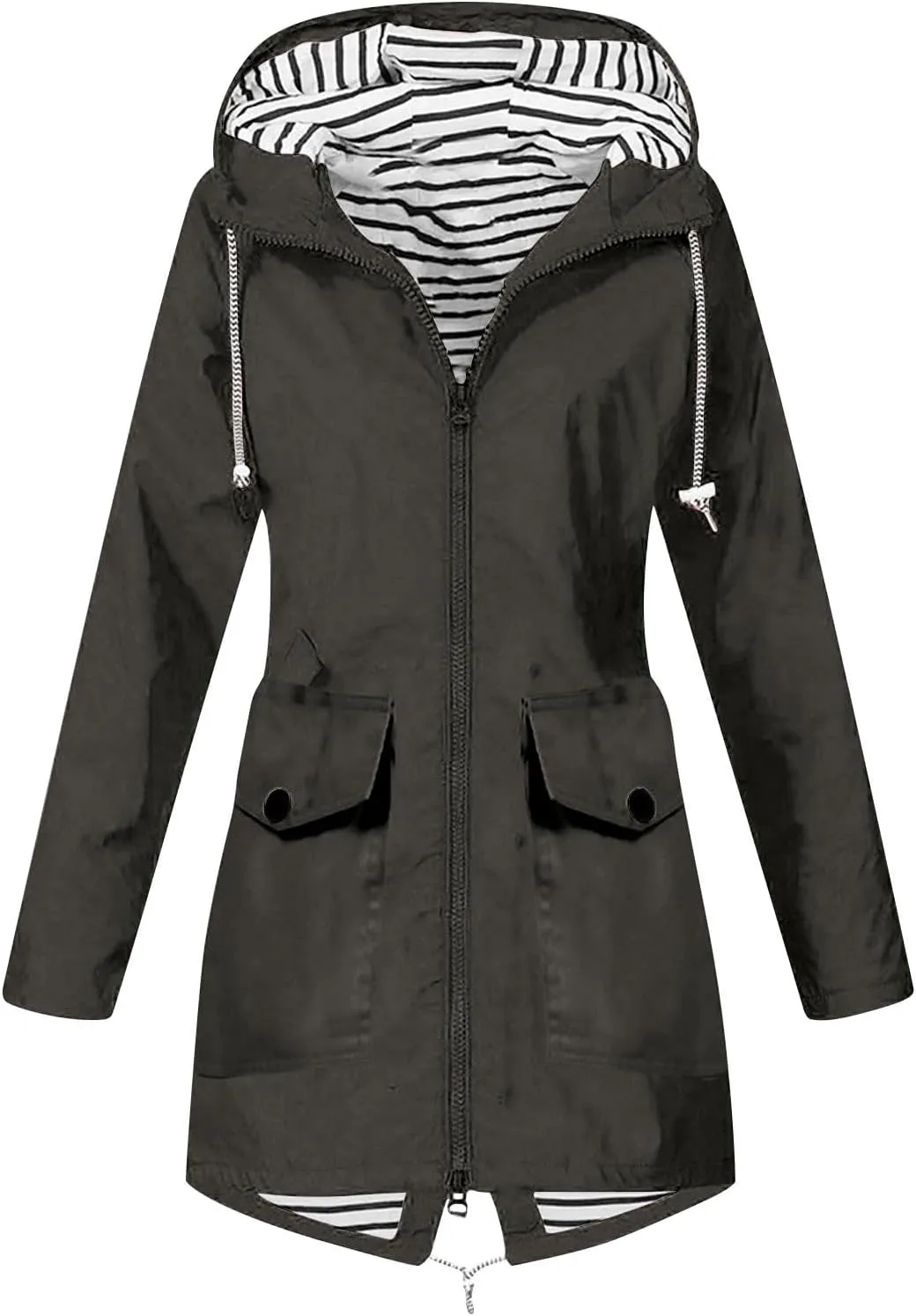 Women Solid Rain Jacket Outdoor Hooded Windproof Coat Fall Winter Casual Coats Plus Size Zip Up Hoodie Outwear