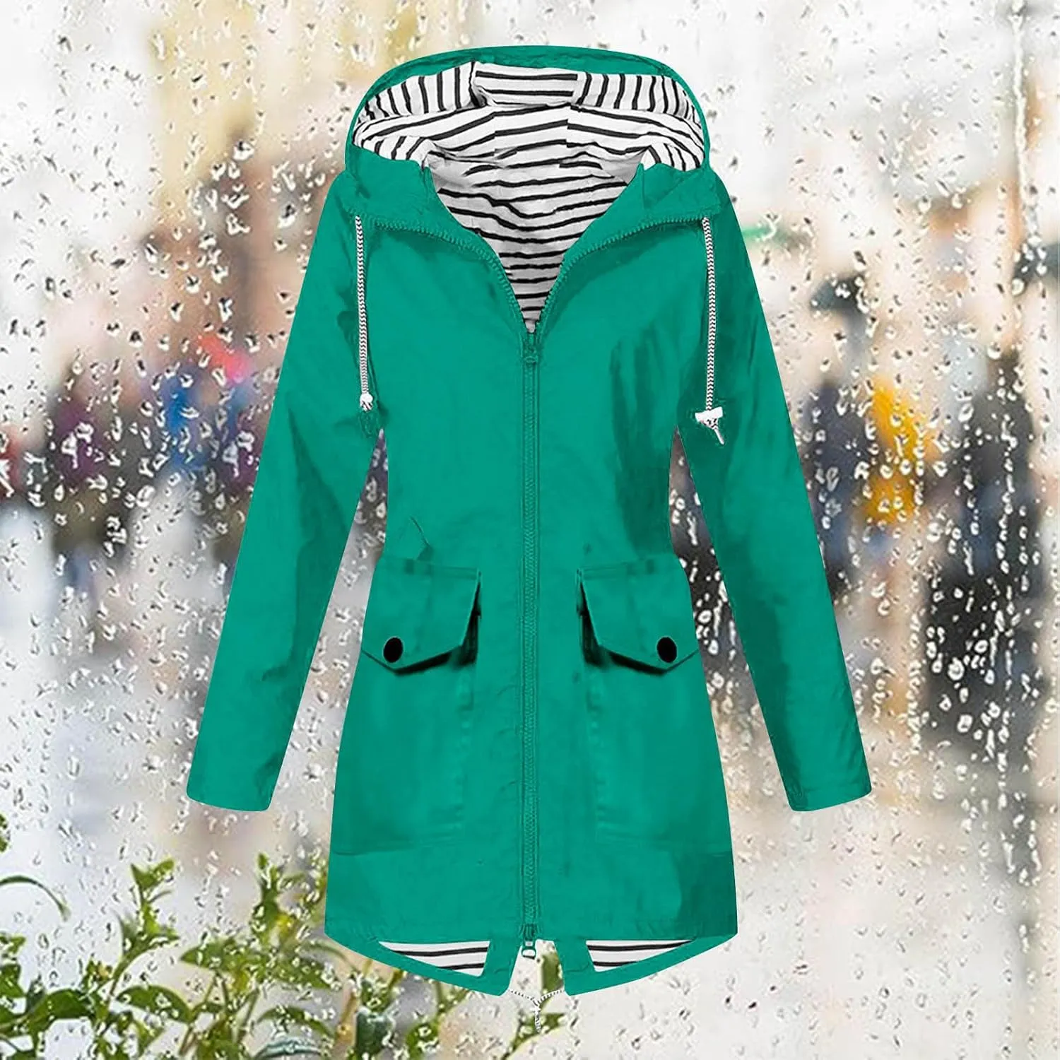 Women Solid Rain Jacket Outdoor Hooded Windproof Coat Fall Winter Casual Coats Plus Size Zip Up Hoodie Outwear
