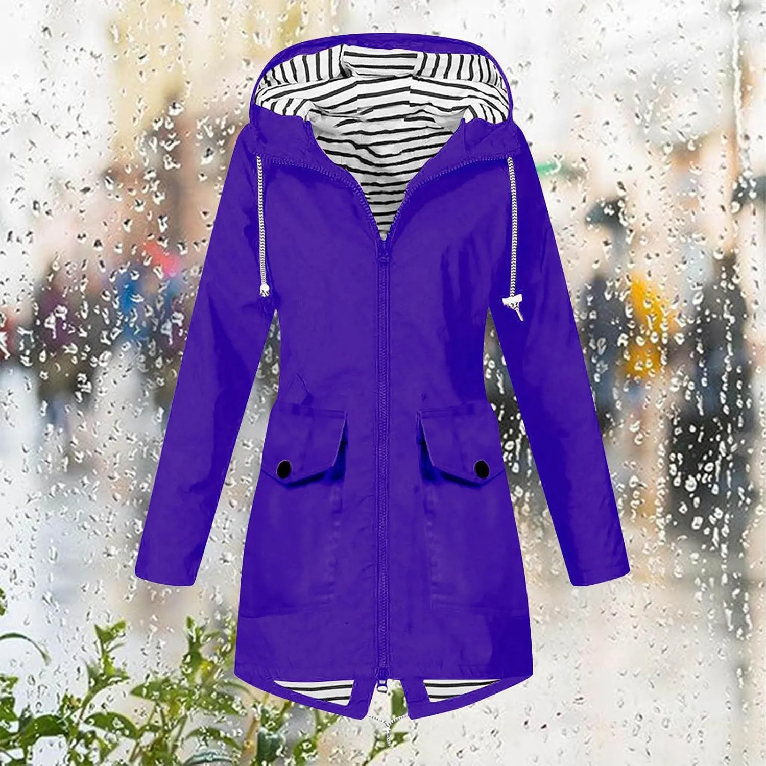 Women Solid Rain Jacket Outdoor Hooded Windproof Coat Fall Winter Casual Coats Plus Size Zip Up Hoodie Outwear