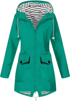 Women Solid Rain Jacket Outdoor Hooded Windproof Coat Fall Winter Casual Coats Plus Size Zip Up Hoodie Outwear