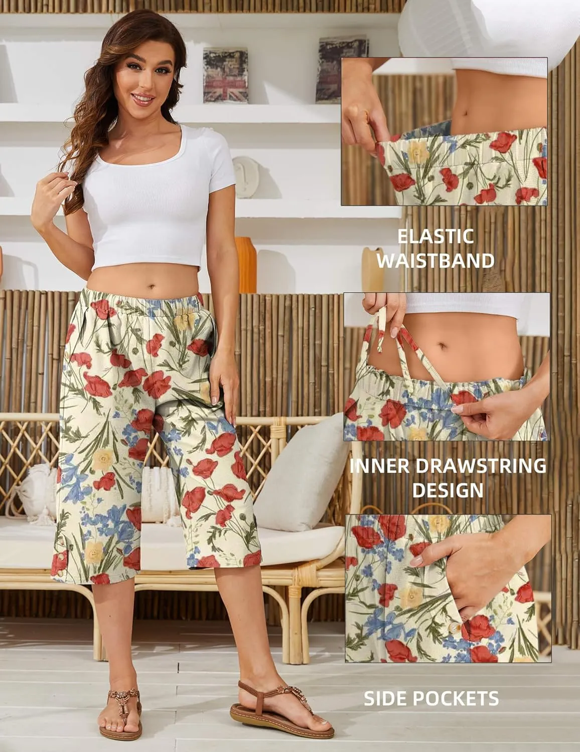 Women Summer Capri Pants Casual Wide Leg Elastic Waist Lightweight Cropped Loose Pants with Pockets