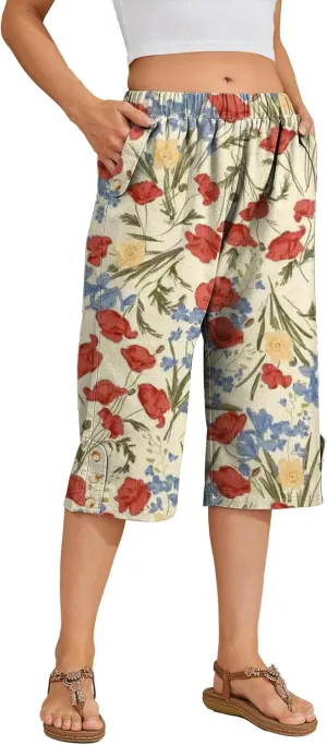 Women Summer Capri Pants Casual Wide Leg Elastic Waist Lightweight Cropped Loose Pants with Pockets