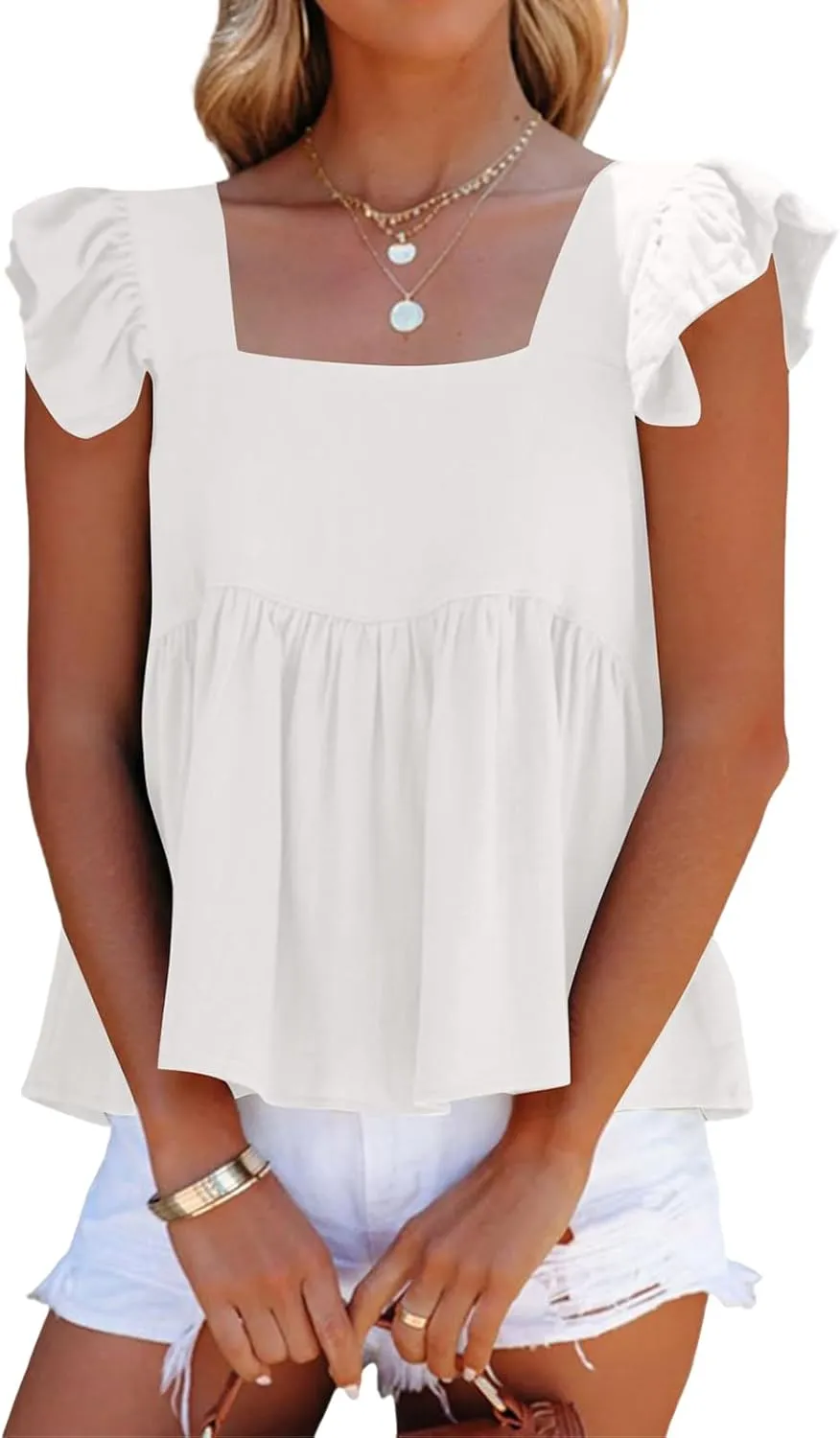 Women Summer Tops Square Neck Ruffles Sleeveless Tank Top Peplum Blouse Cute Backless Babydoll Tees