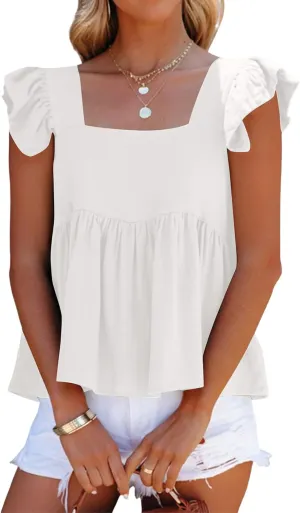 Women Summer Tops Square Neck Ruffles Sleeveless Tank Top Peplum Blouse Cute Backless Babydoll Tees