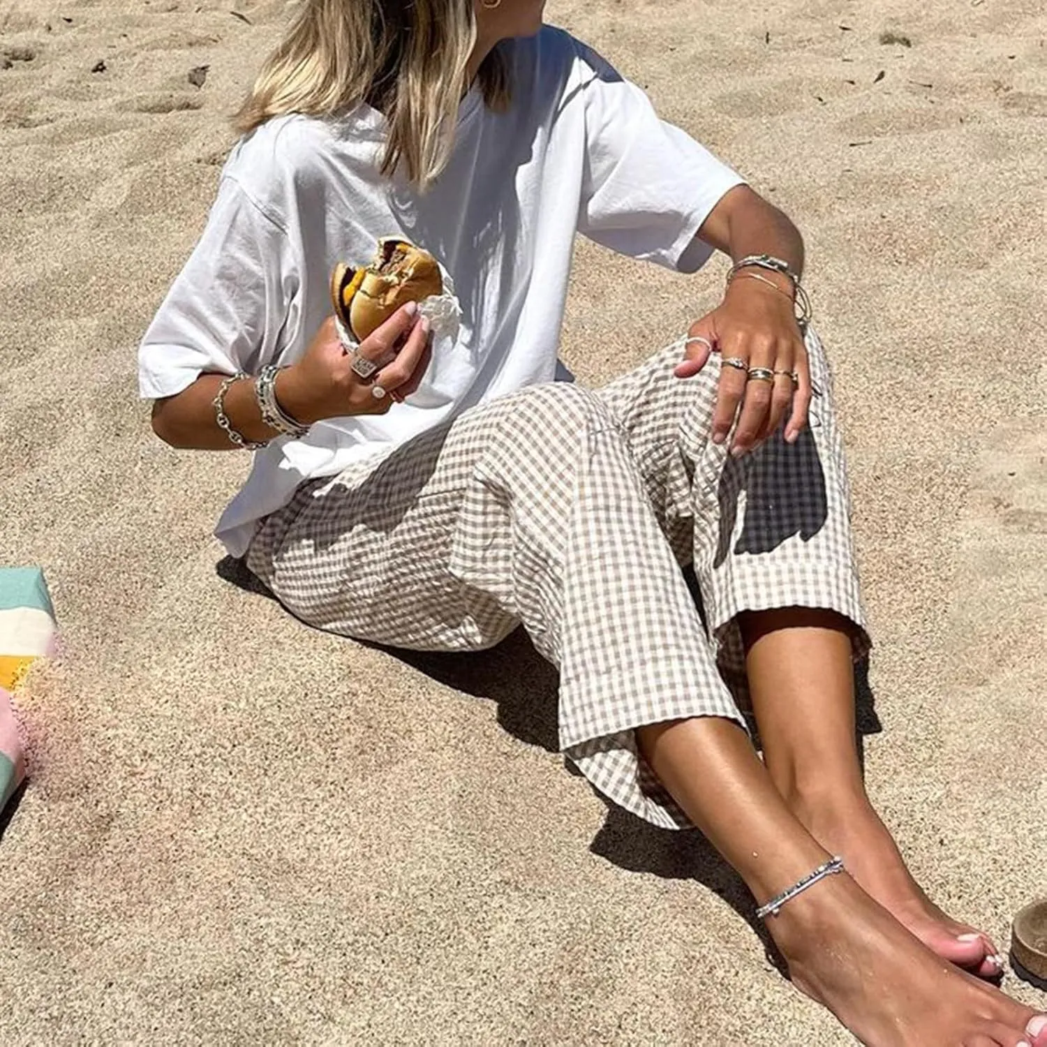 Women Y2K Plaid Pants Summer Casual Drawstring High Waist Straight Leg Trousers Gingham Lounge Pants Streetwear