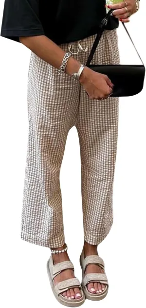 Women Y2K Plaid Pants Summer Casual Drawstring High Waist Straight Leg Trousers Gingham Lounge Pants Streetwear